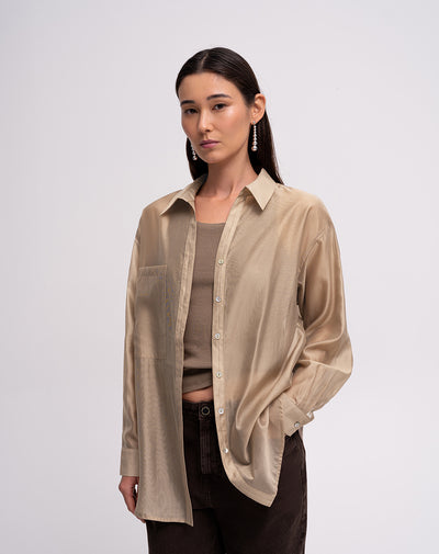 Camisa manga larga oversize transparencia café mujer