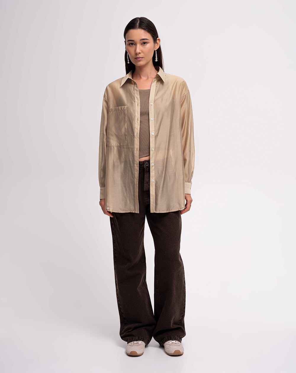 Camisa manga larga oversize transparencia café mujer