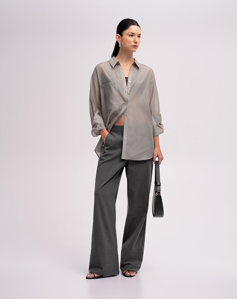 Camisa manga larga oversize transparencia gris mujer