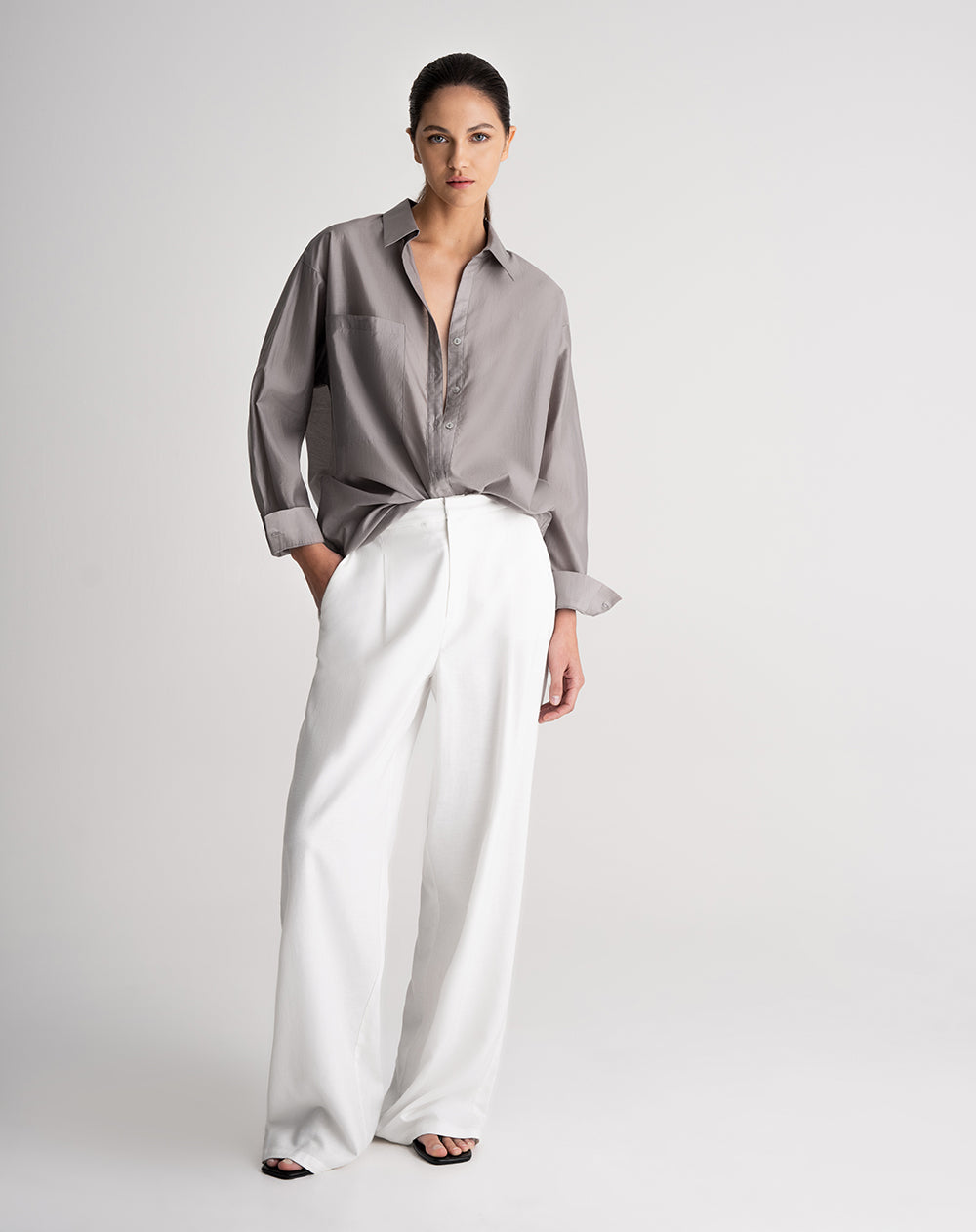 Camisa manga larga oversize transparencia gris mujer