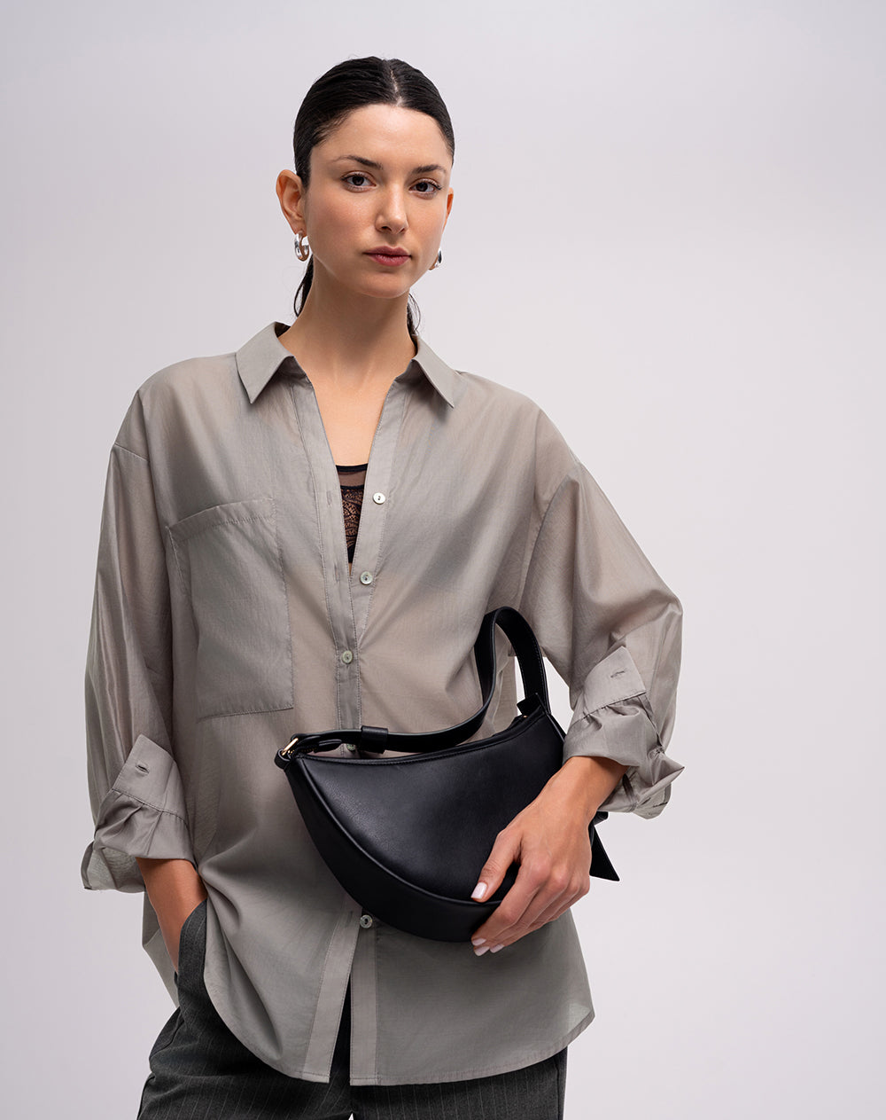 Camisa manga larga oversize transparencia gris mujer