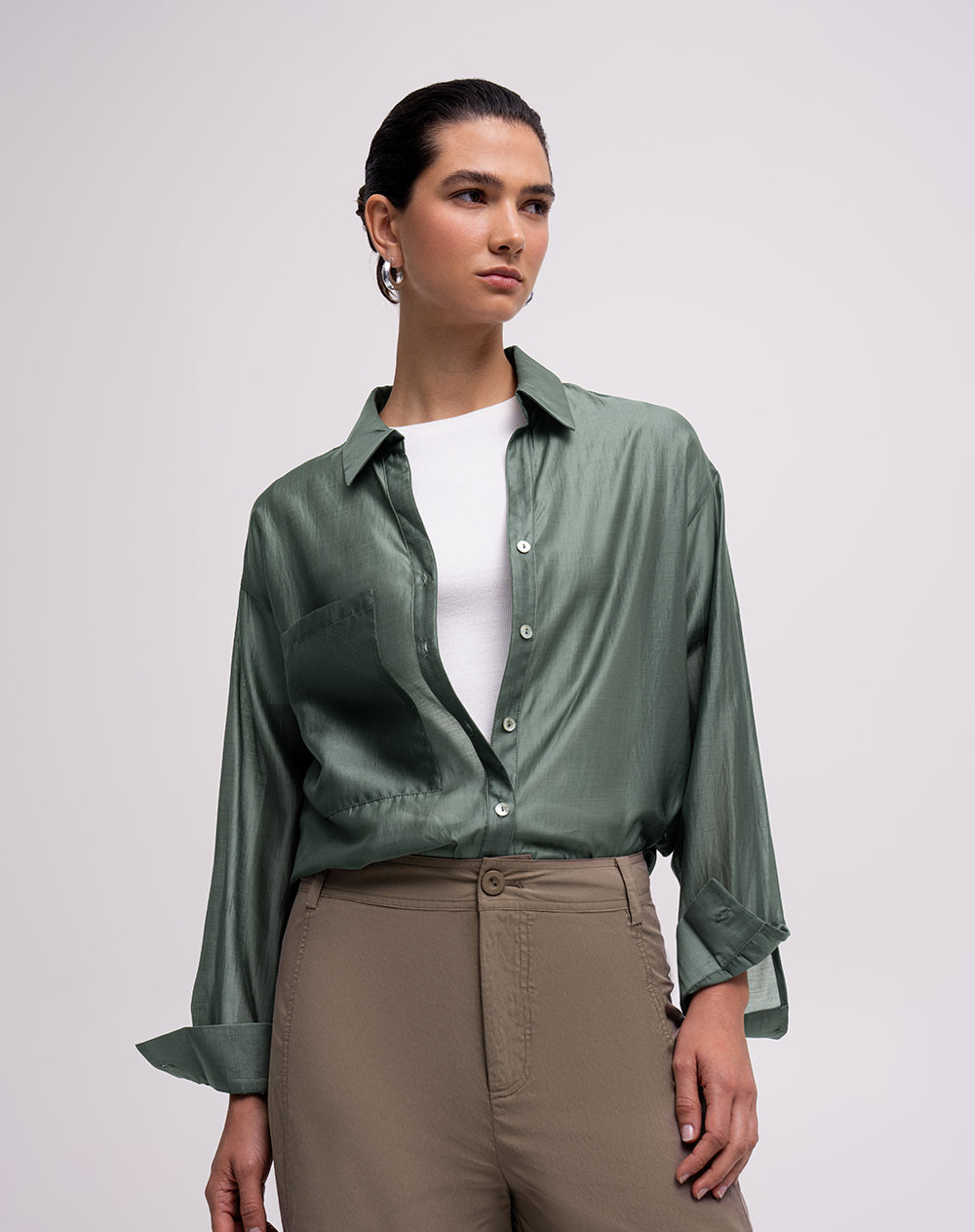 Camisa manga larga oversize transparencia verde mujer