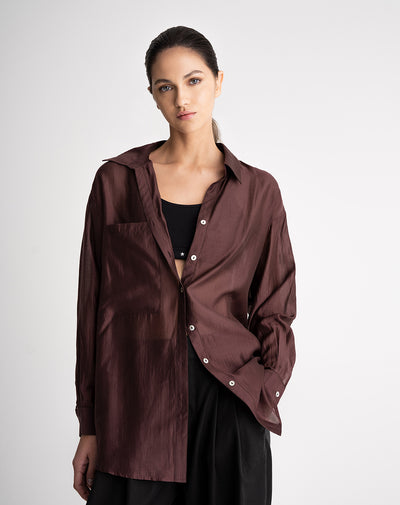 Camisa manga larga oversize transparencia vino tinto mujer