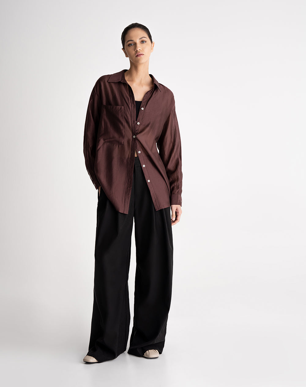 Camisa manga larga oversize transparencia vinotinto mujer