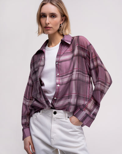 Camisa manga larga oversize transparencia cuadros mujer