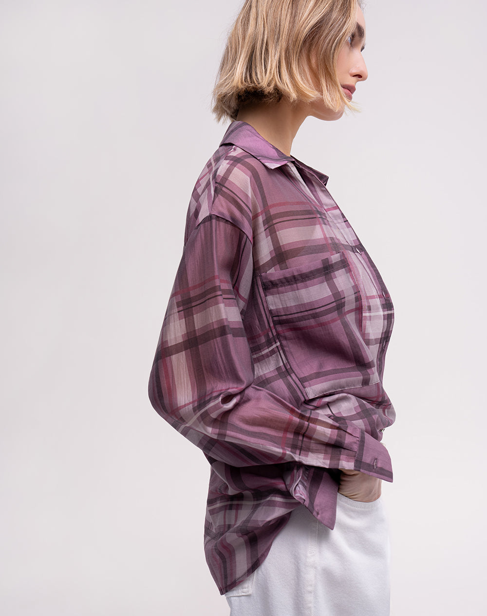 Camisa manga larga oversize transparencia cuadros mujer