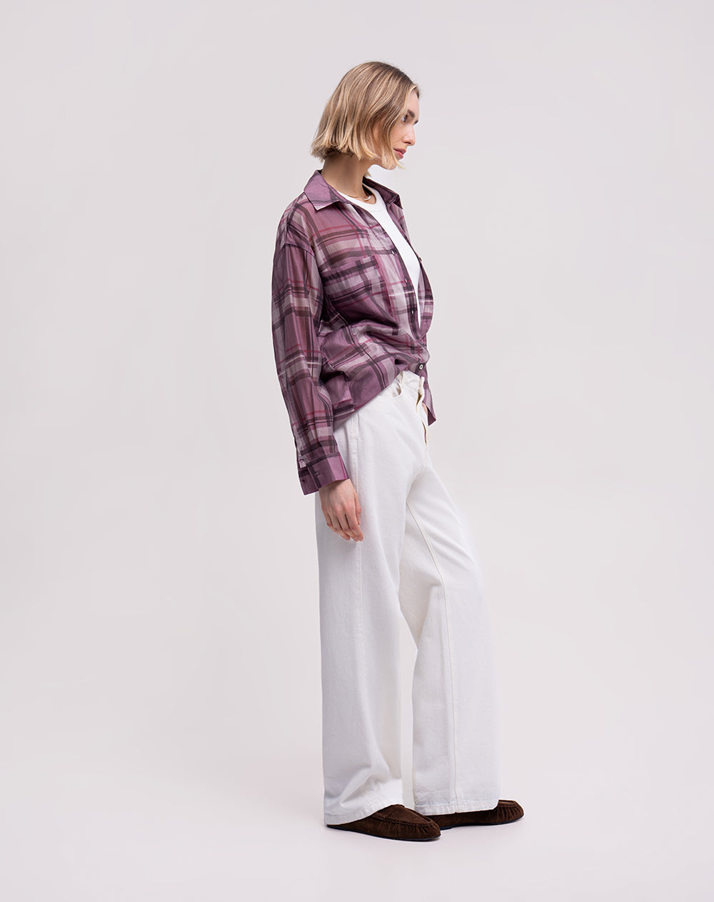 Camisa manga larga oversize transparencia cuadros mujer