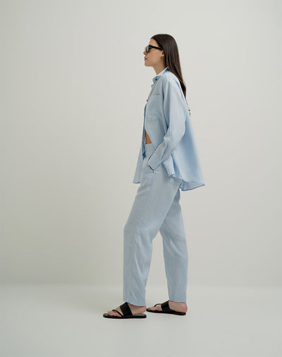 Pantalón recto tiro alto lino azul mujer