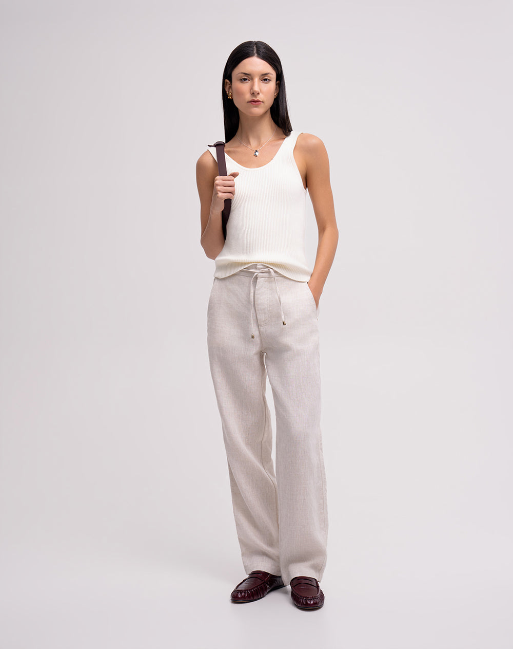 Pantalón recto tiro alto lino habano mujer
