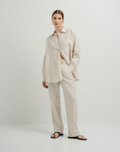 Pantalón recto tiro alto lino habano mujer