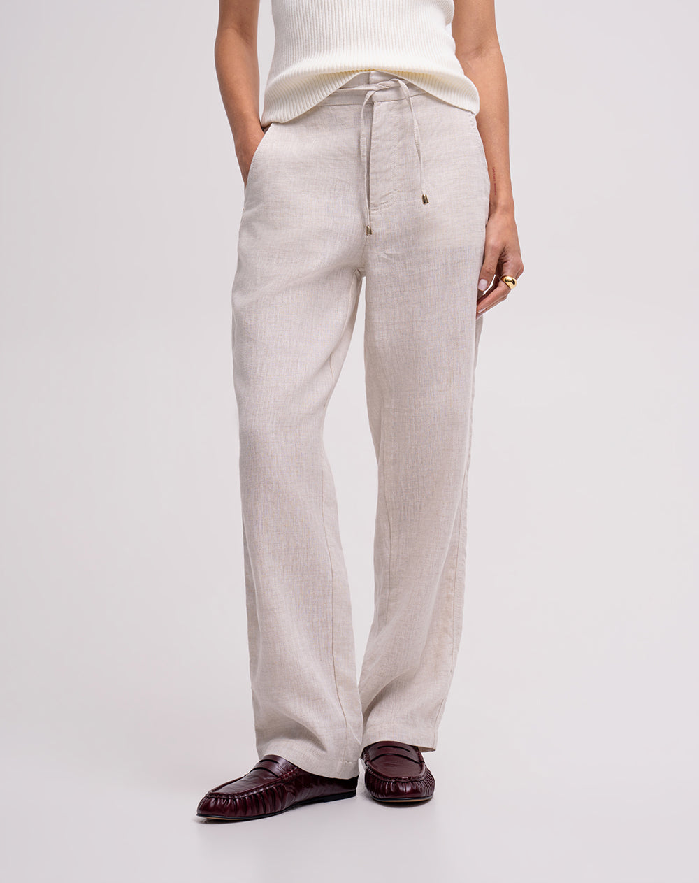 Pantalón recto tiro alto lino habano mujer