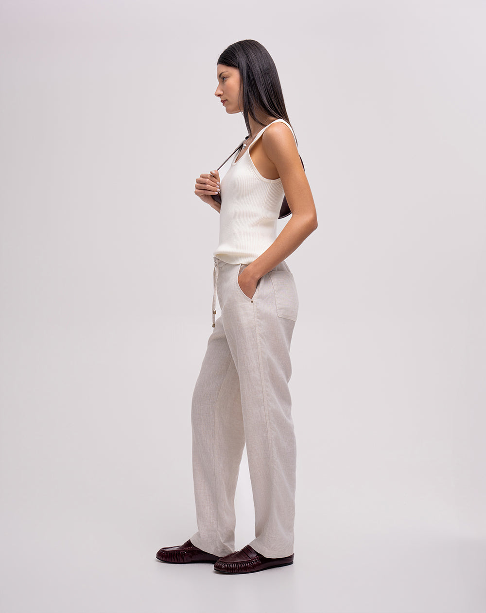 Pantalón recto tiro alto lino habano mujer