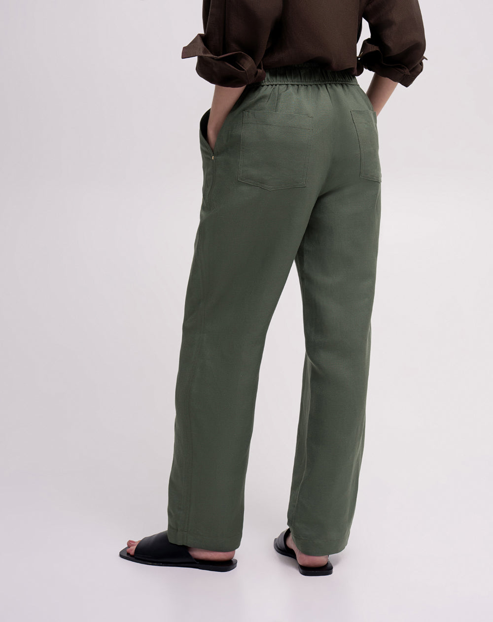 Pantalón recto tiro lino verde mujer