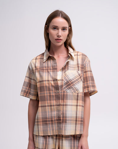 Camisa manga corta loose cuadros mujer