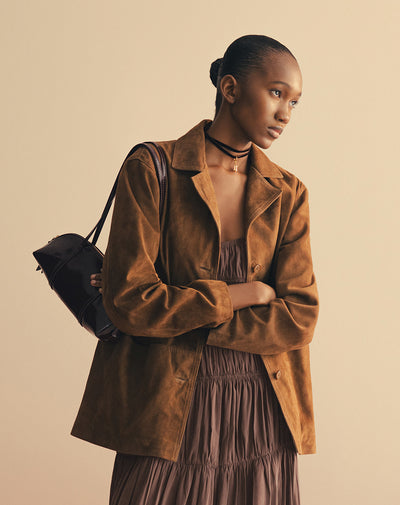 Chaqueta overshirt cuero tipo gamuza café mujer