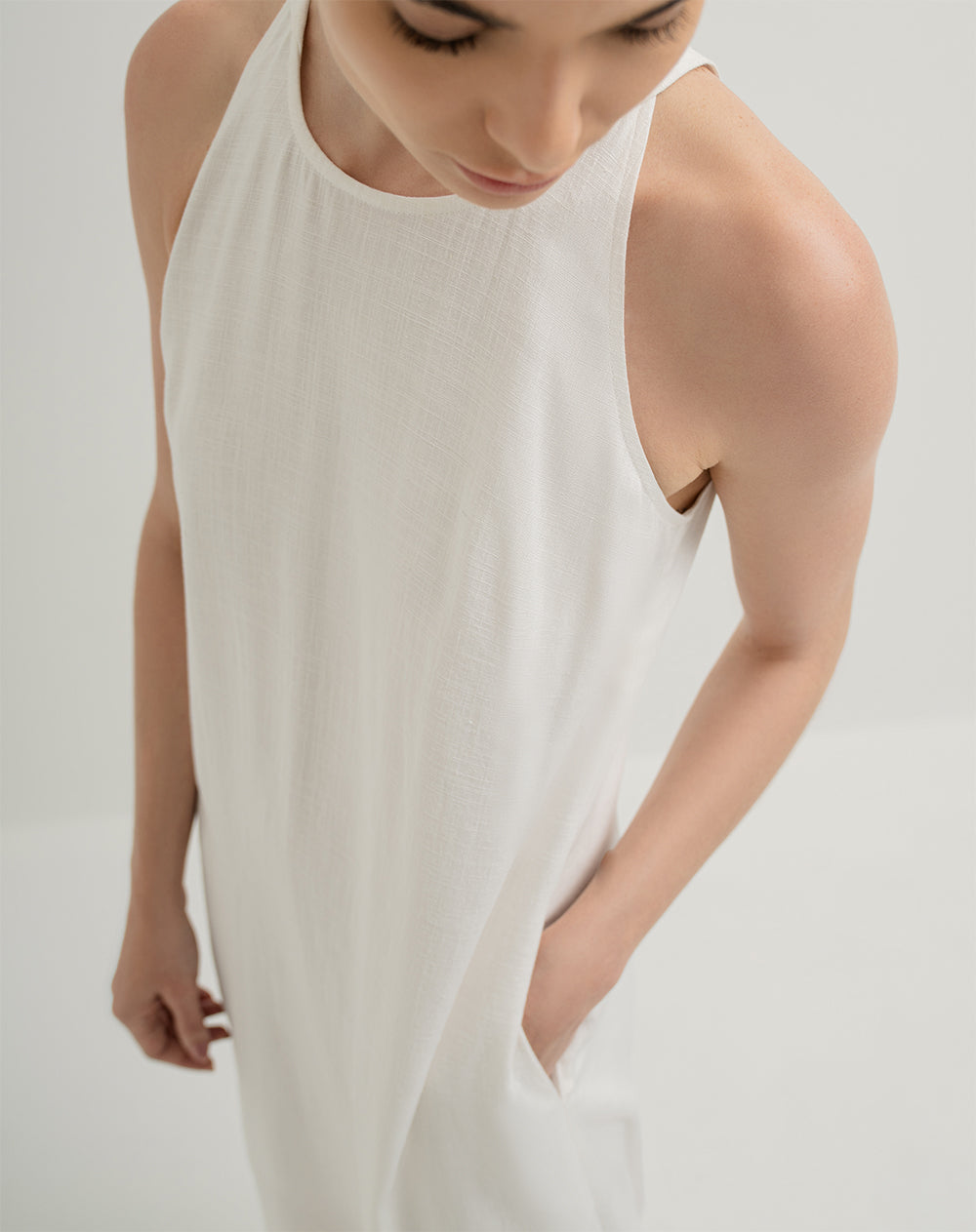 Vestido largo lino con forro crudo mujer
