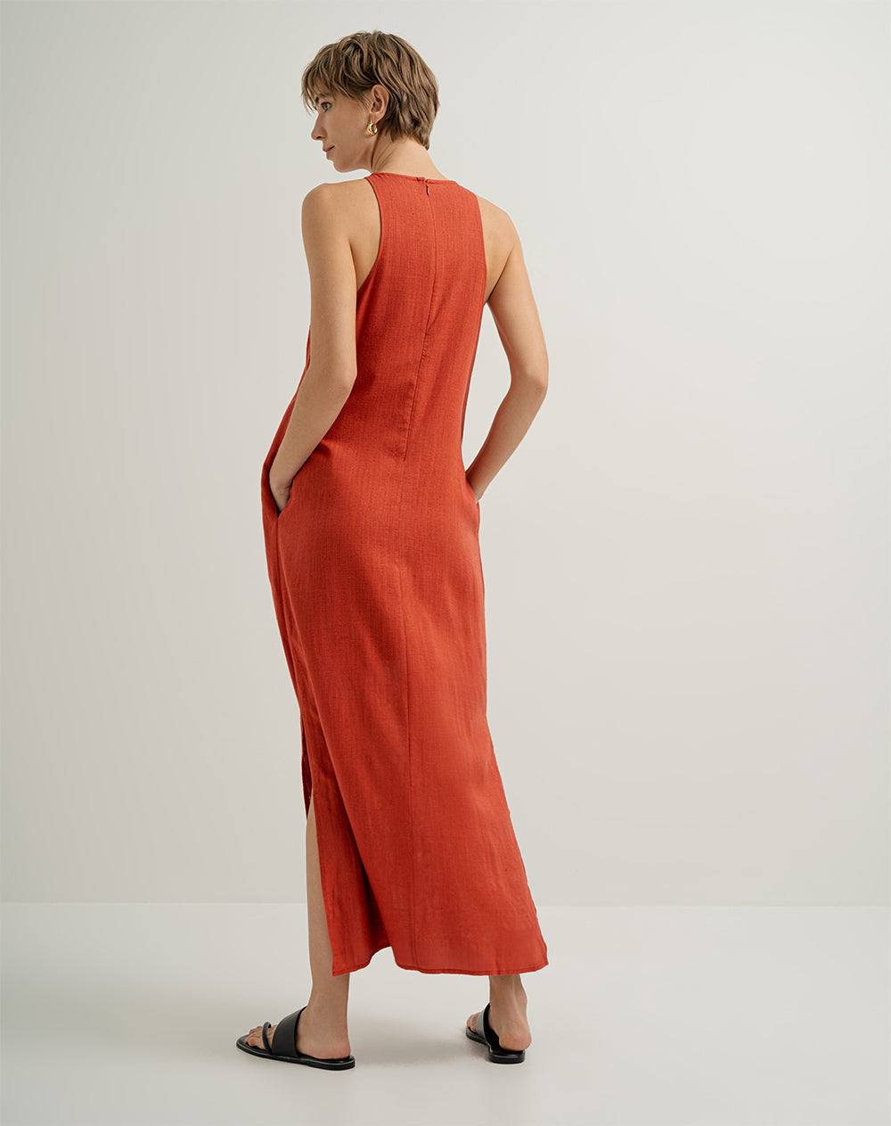 Vestido largo lino con forro terracota mujer