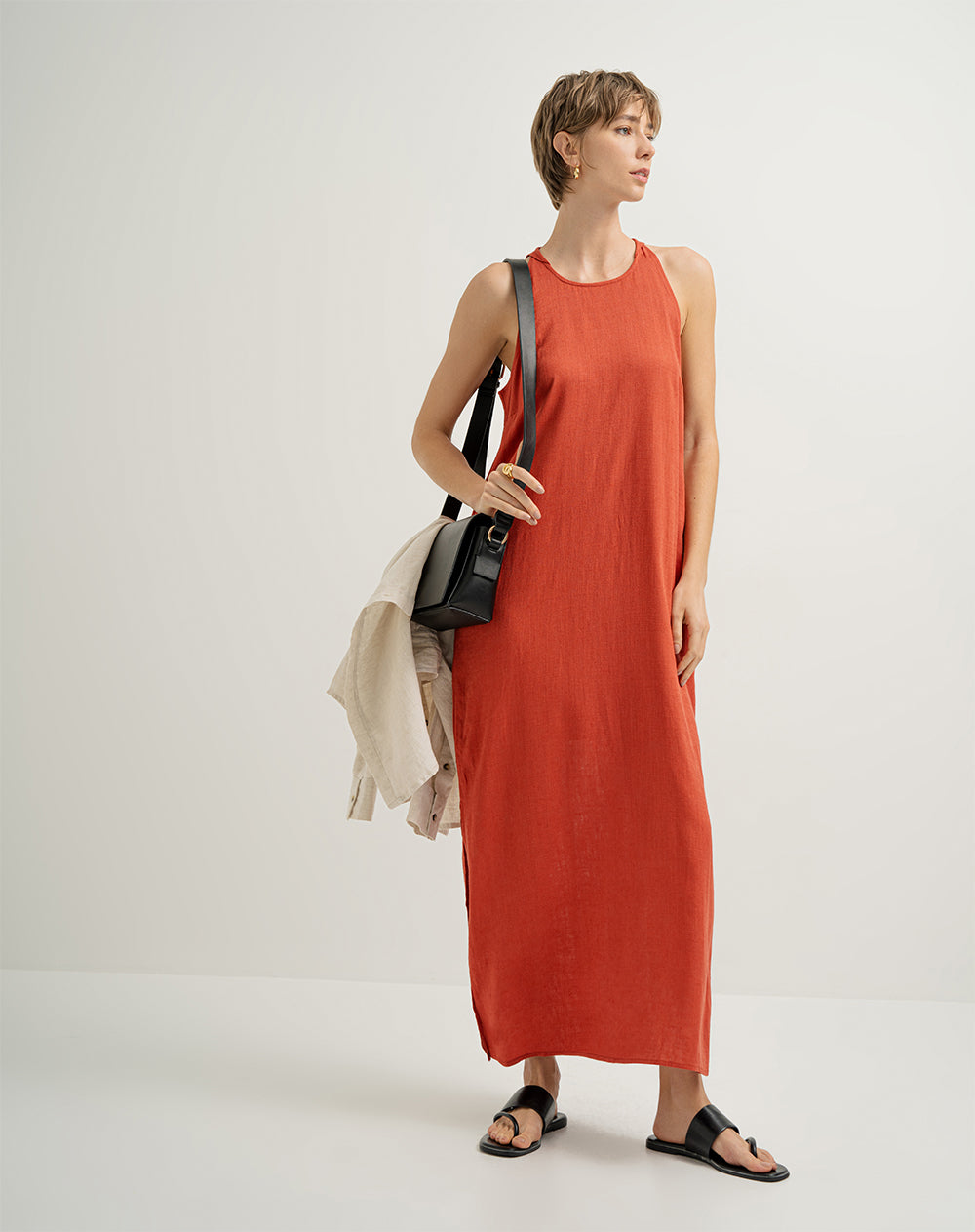 Vestido largo lino con forro terracota mujer