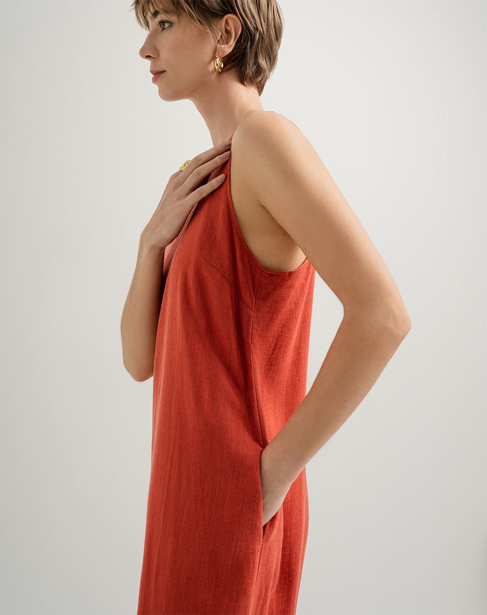 Vestido largo lino con forro terracota mujer