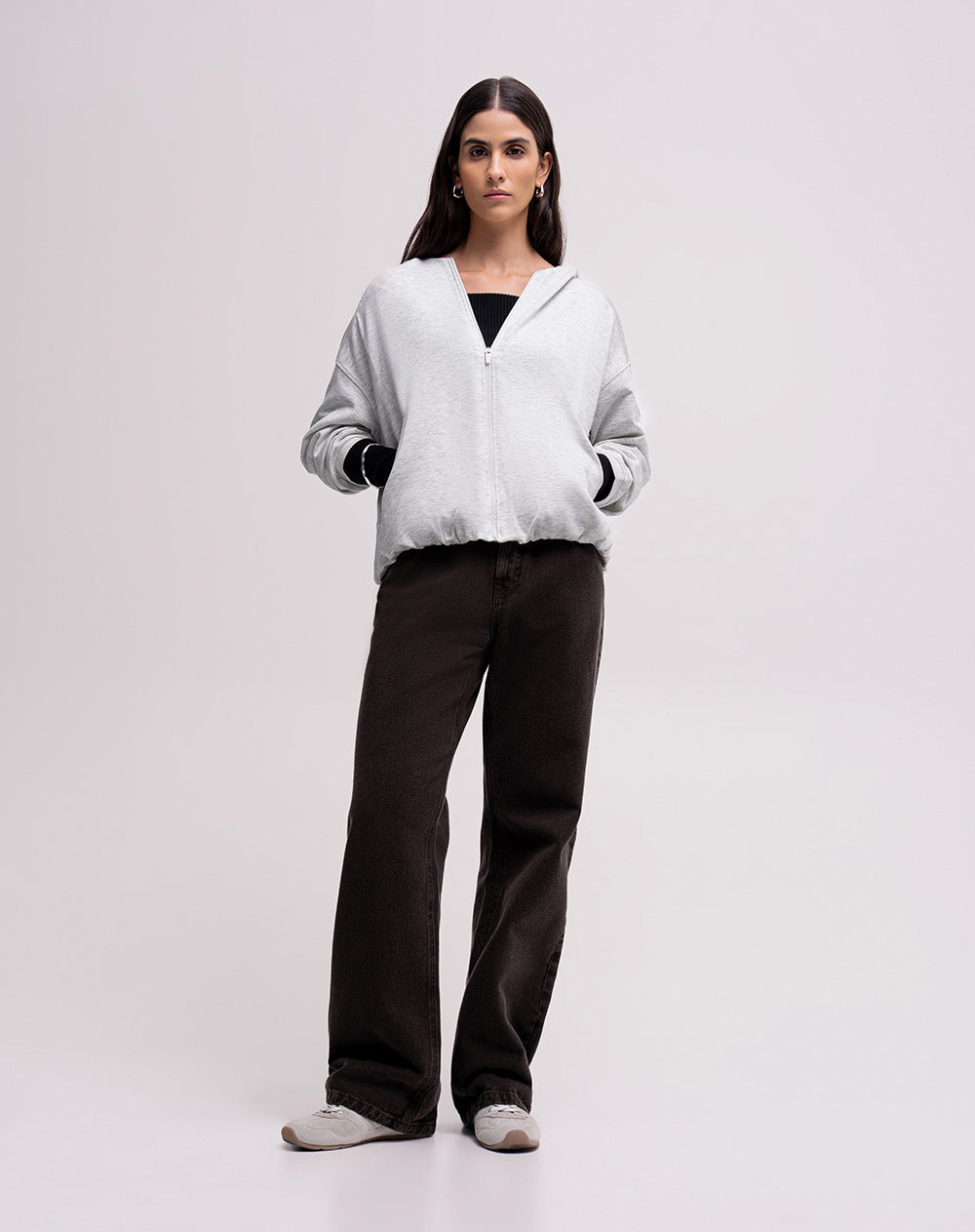 Chaqueta oversized fit con capucha gris jaspeada