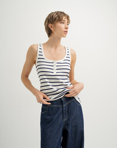 Camiseta esqueleto semi ajustada algodón sostenible acanalada azul rayas mujer