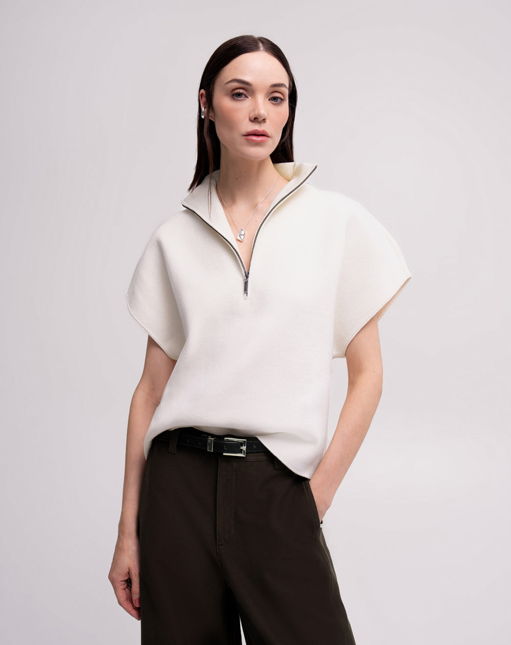 Chaleco oversize cuello alto habano mujer
