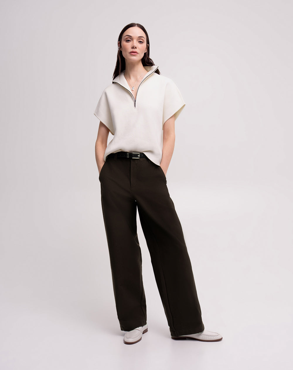 Chaleco oversize cuello alto habano mujer
