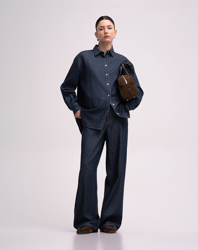 Camisa manga larga oversize denim azul mujer