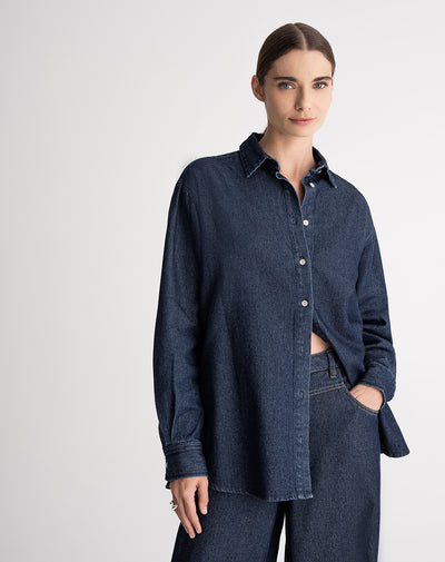 Camisa manga larga oversize denim azul oscuro mujer