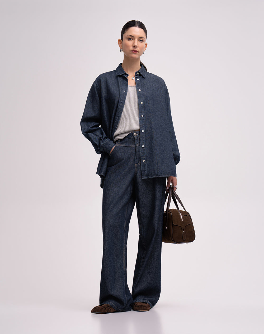 Jean wide leg tiro alto índigo oscuro mujer