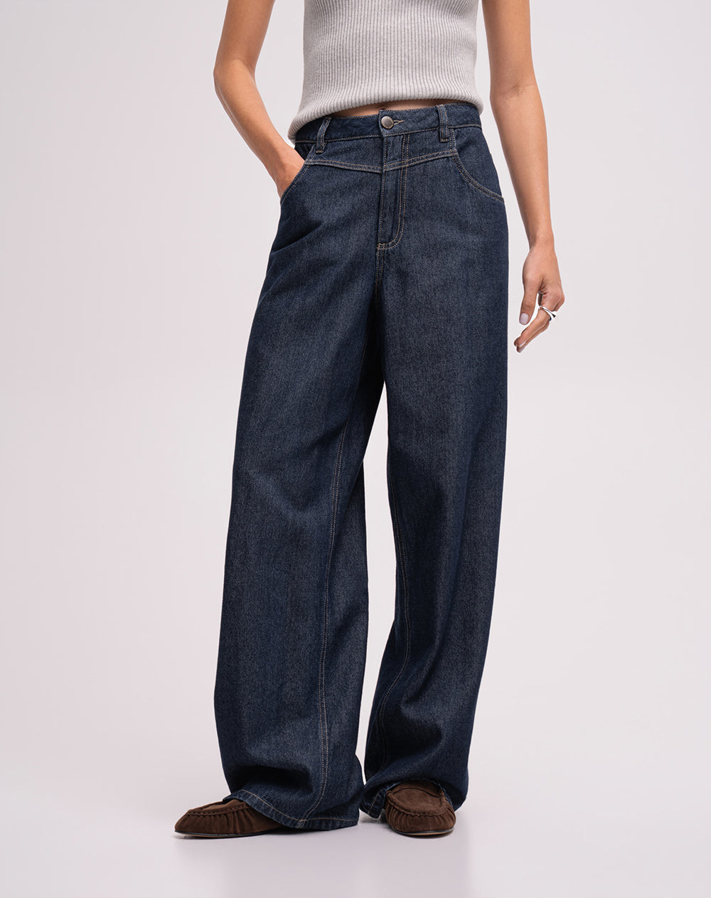 Jean wide leg tiro alto índigo oscuro mujer