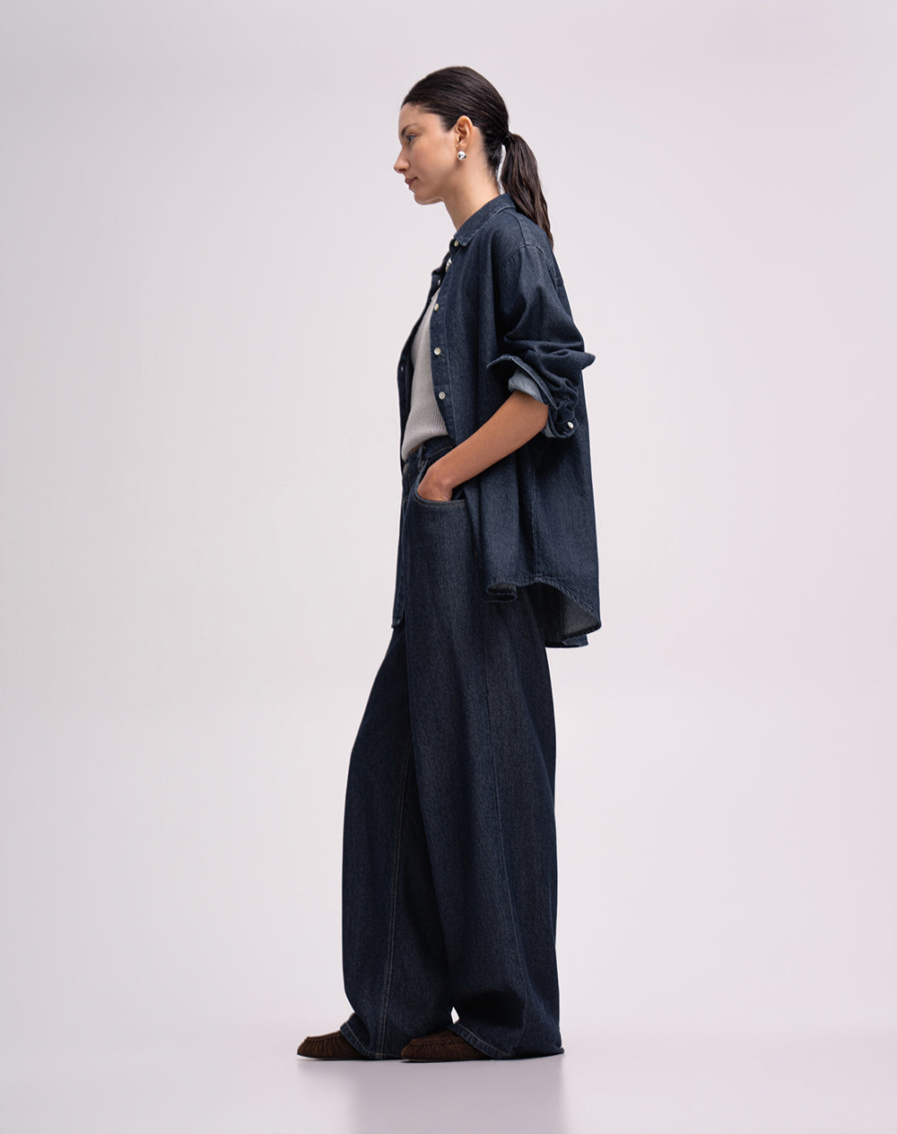 Jean wide leg tiro alto índigo oscuro mujer