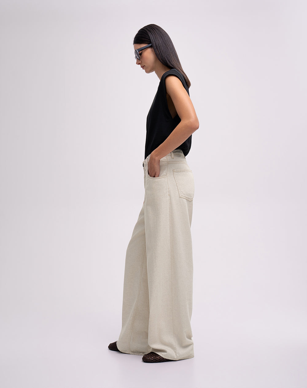 Jean wide leg tiro alto blanco mujer