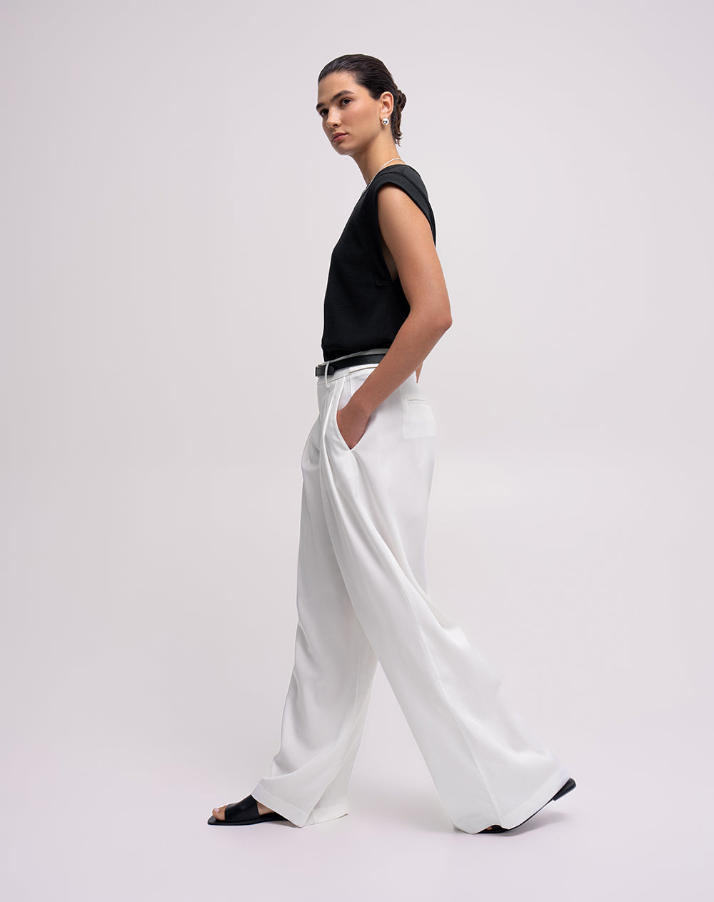 Pantalón wide leg tiro alto blanco mujer