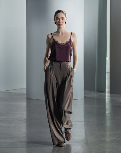 Pantalón wide leg tiro alto café mujer