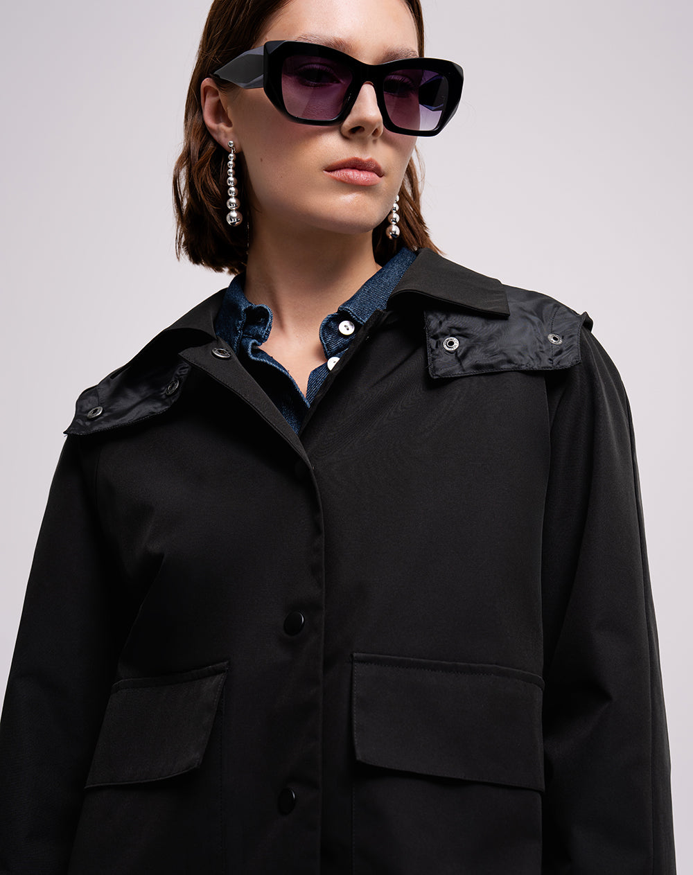 Chaqueta parka regular capucha removible negro mujer