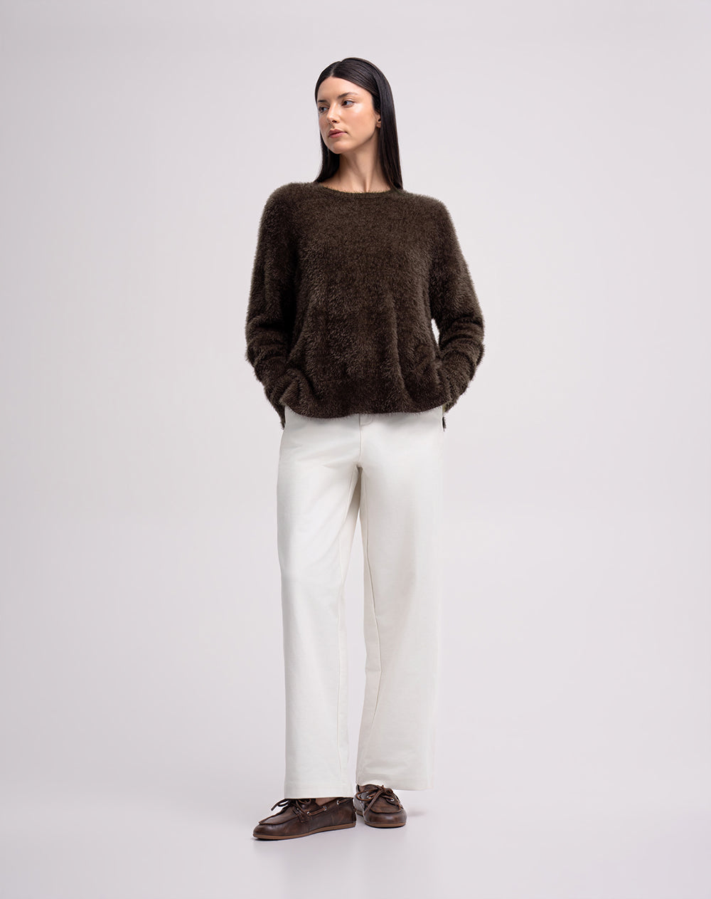 Suéter tejido efecto pelo café mujer