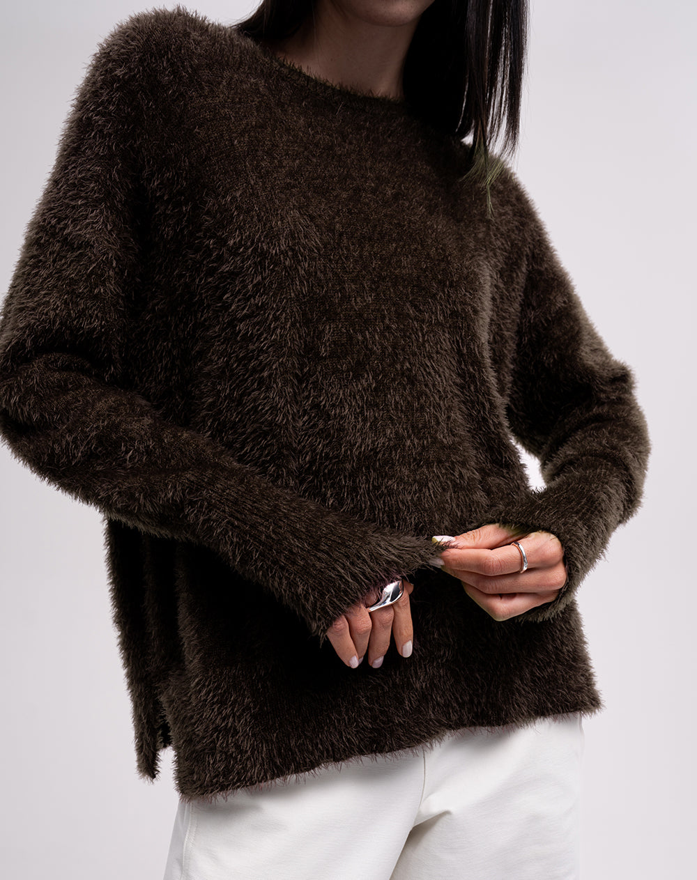 Suéter tejido efecto pelo café mujer