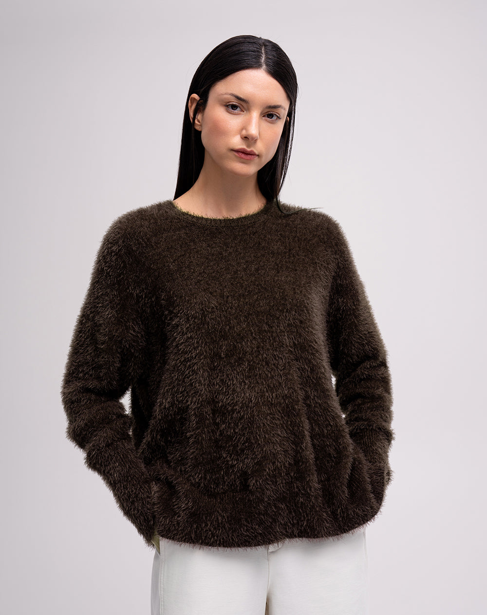 Suéter tejido efecto pelo café mujer