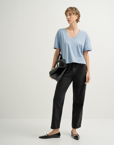 Camiseta oversize algodón sostenible cuello V azul claro mujer