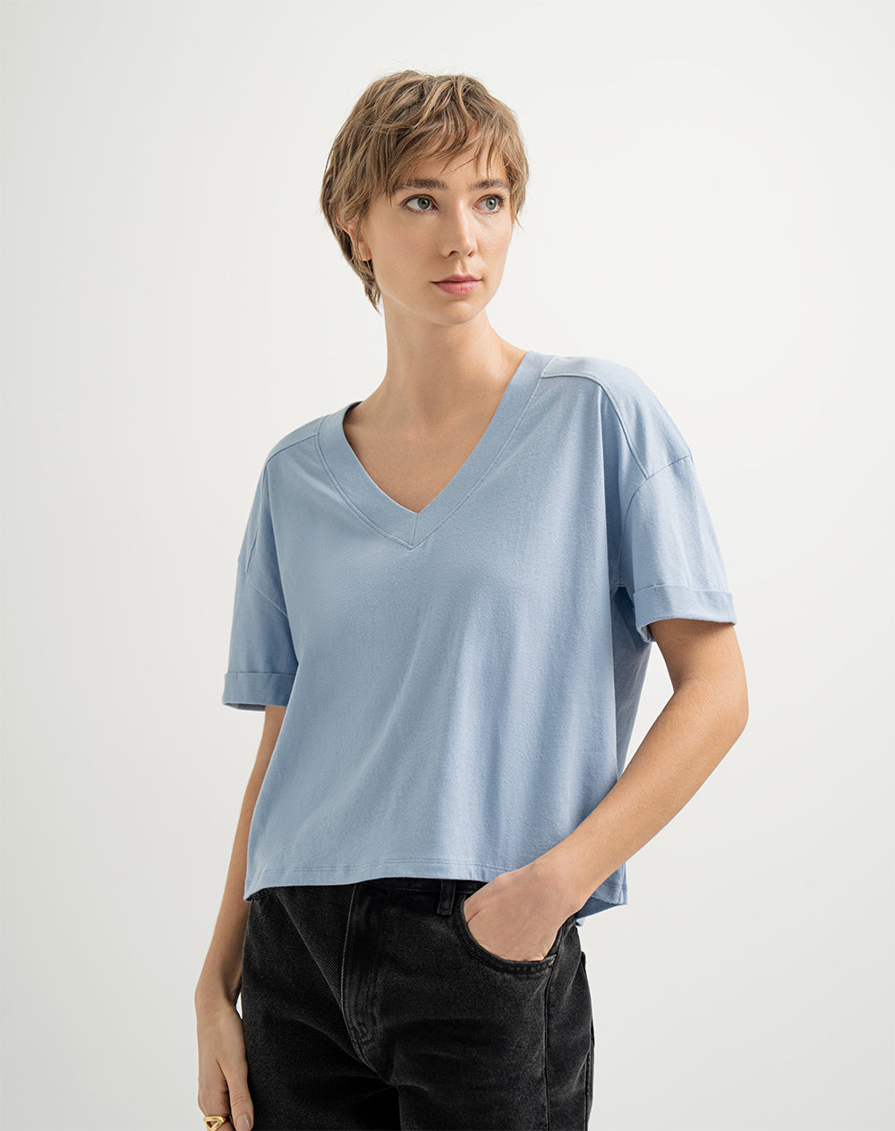 Camiseta oversize algodón sostenible cuello V azul claro mujer
