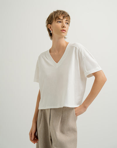 Camiseta oversize algodón sostenible cuello V crudo mujer