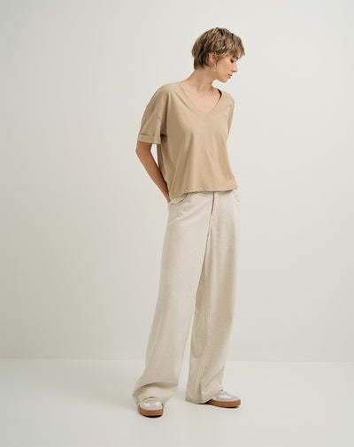 Camiseta oversize algodón sostenible cuello V caqui mujer