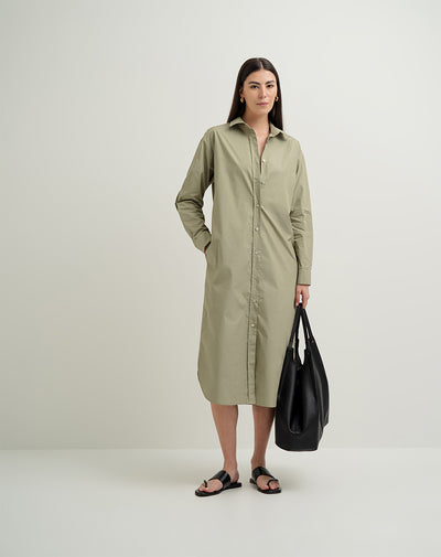 Vestido camisero algodón algodón bolsillos laterales verde mujer