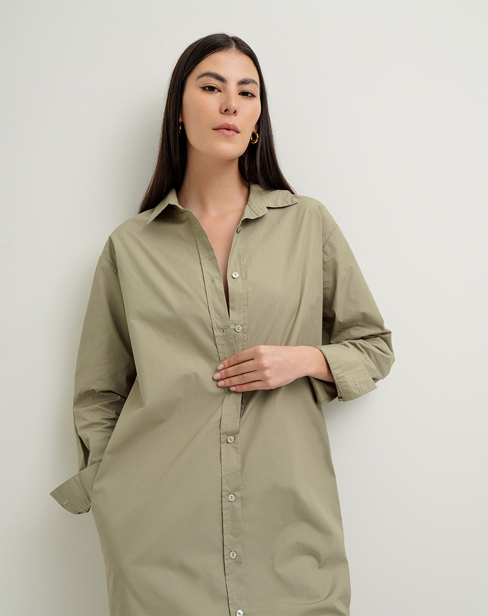 Vestido camisero algodón algodón bolsillos laterales verde mujer