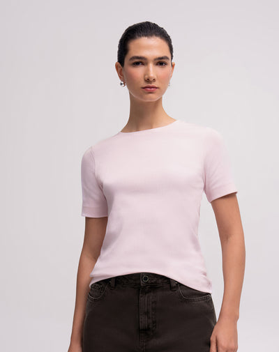 Camiseta slim rib algodón rosada mujer