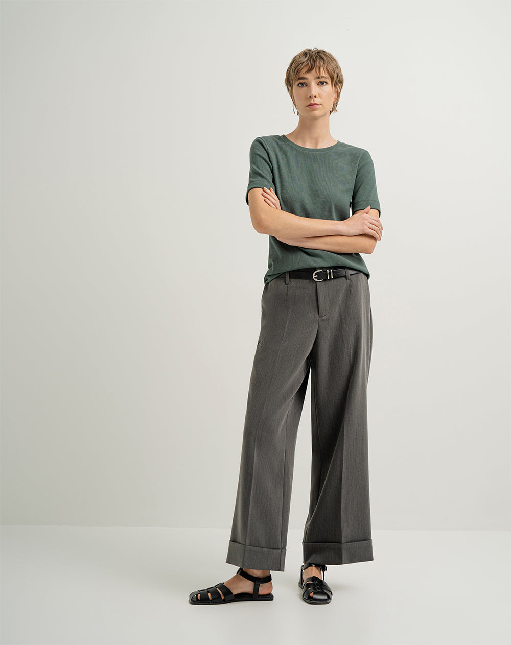 Camiseta ajustada algodón sostenible acanalada verde mujer