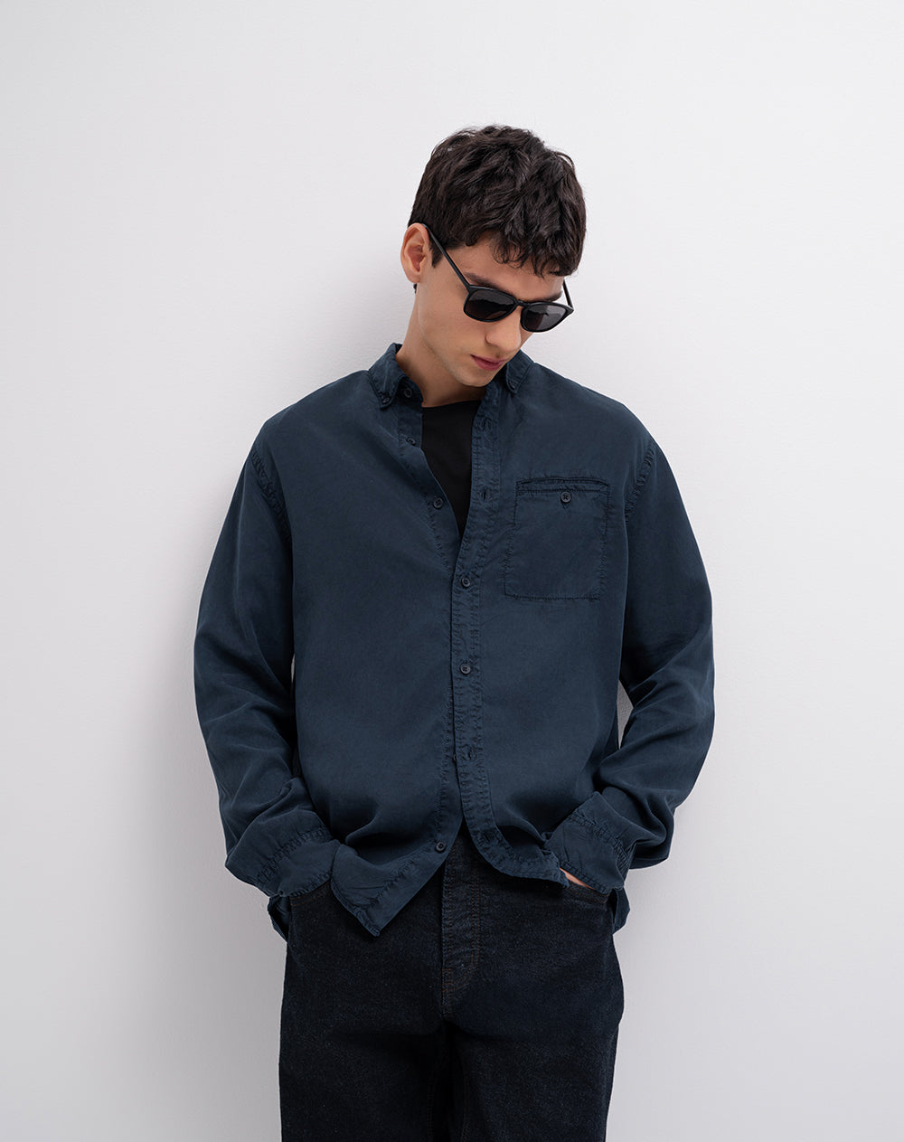 Camisa manga larga regular algodón azul hombre