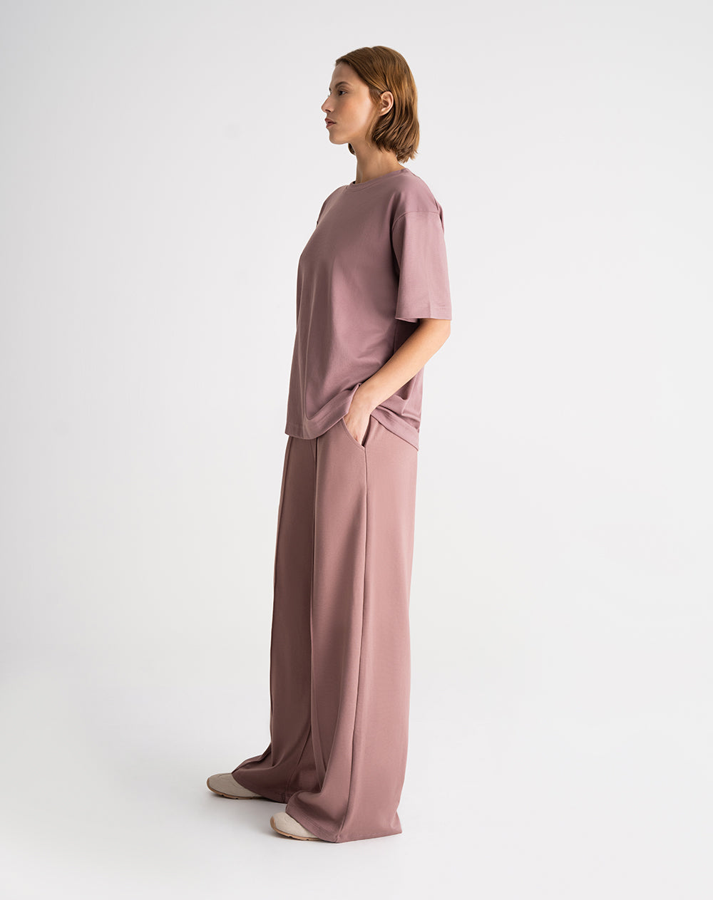 Pantalón bota ancha tiro medio algodón palo rosa mujer