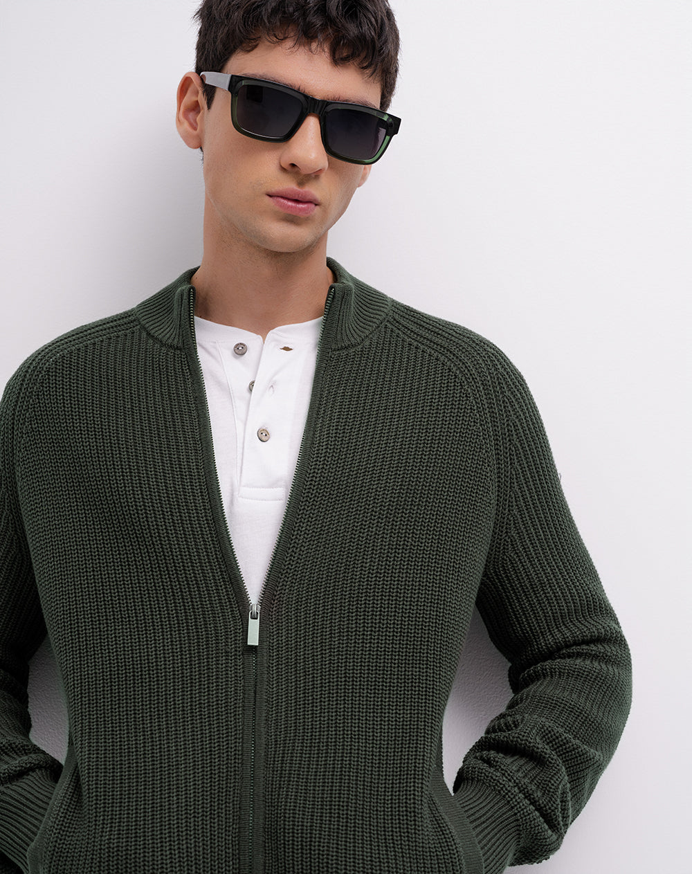 Suéter regular tejido de punto algodón verde hombre
